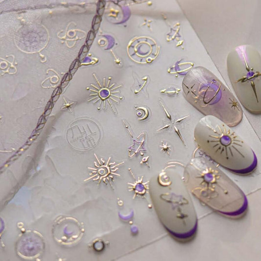 Star Moon Nail Art Stickers Golden 5D Embossed Star Nail Decals 1PCS Purple Gold Star Sun Moon Luxury Design Self-Adhesive Nail Stickers Designer Nail Decals for Acrylic Nails DIY Manicure Decorations