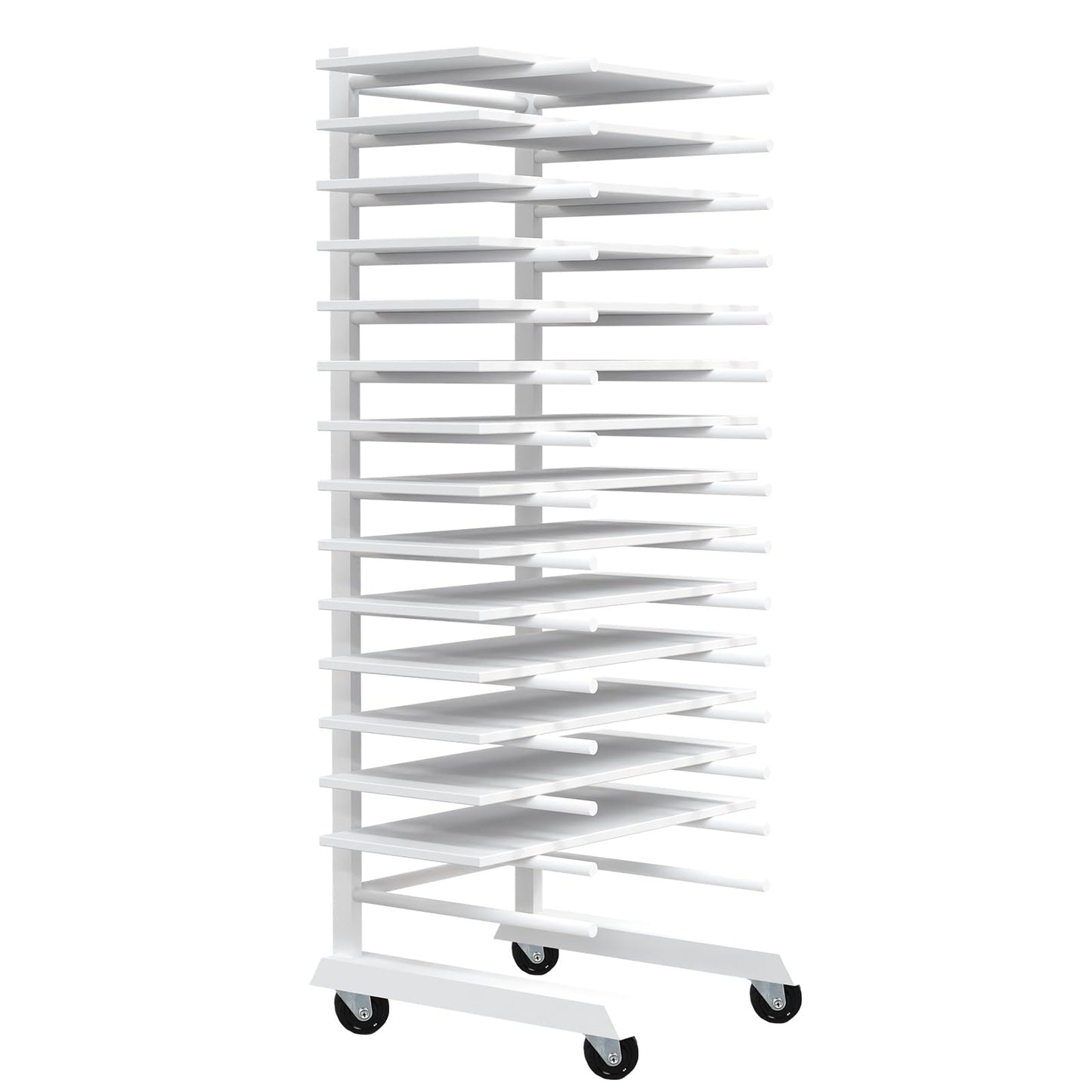 Colingmill 1 Pack 15 Tier Cabinet Doors Paint Drying Rack with Casters 16 in Rods 20 in Base White Powder Coated Iron Detachable Crossbars Space Saving for Painted Wood Panels Doors