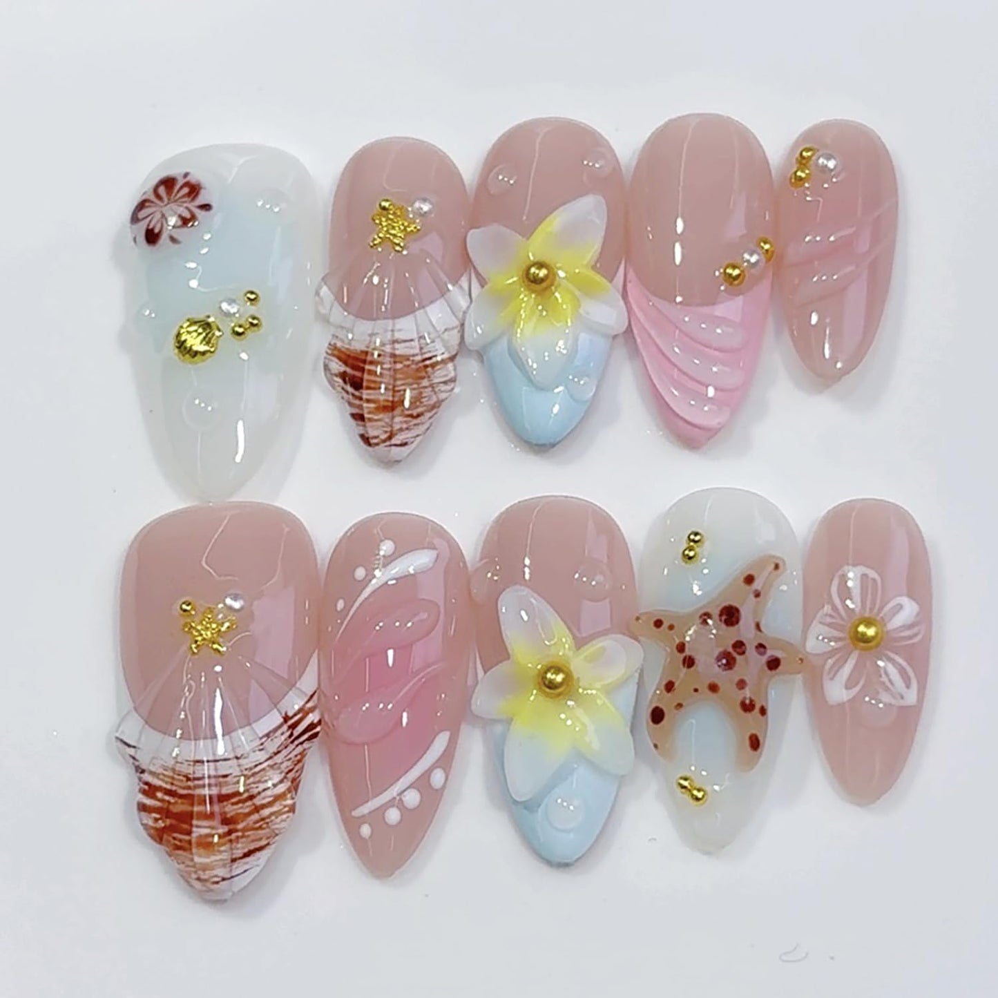 Spring Handmade Nails Almond French Press on Nails with Flower Starfish Design Gloss Fake Nail Full Cover Artificial Acrylic Stick on Nails for Women Girls Manicure DIY （S）