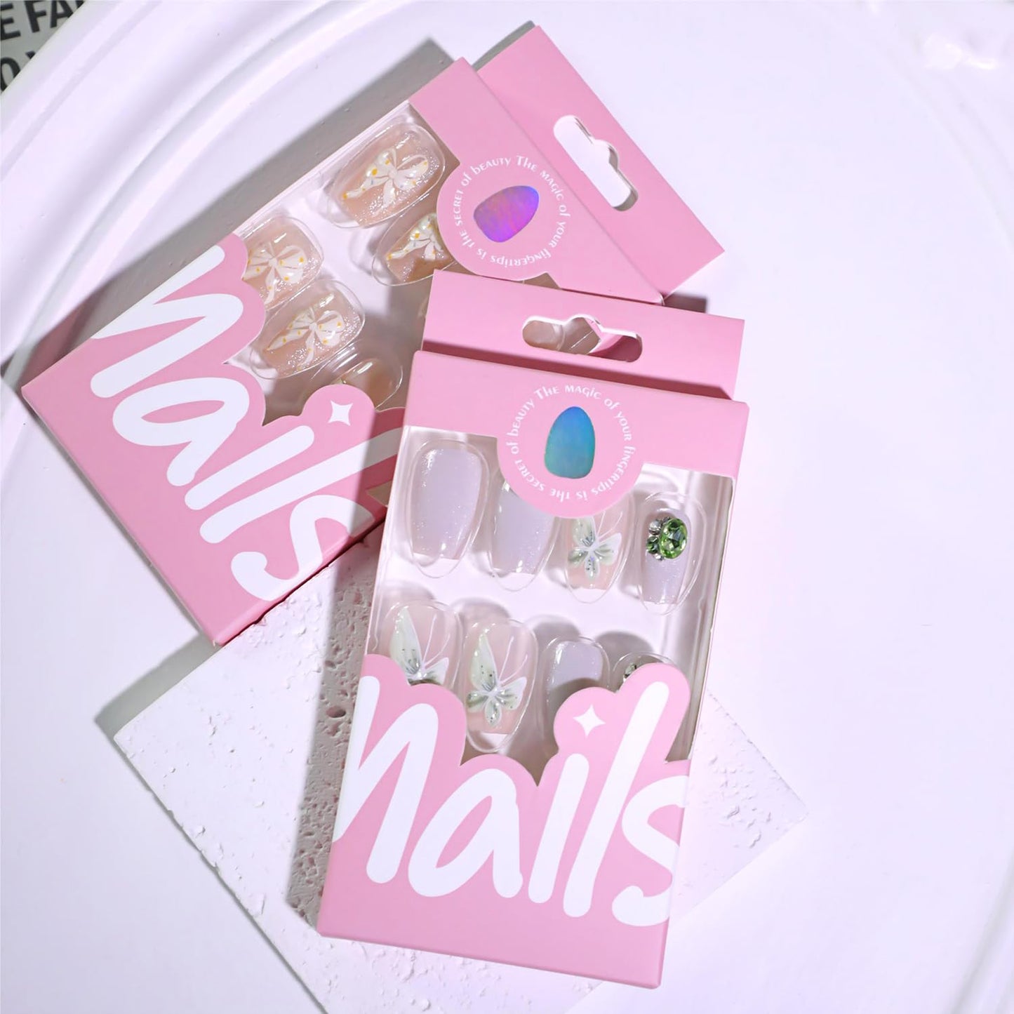24Pcs Flower Butterfly Press on Nails Medium Fake Nails 3D Charm Gems Full Cover Acrylic False Nail Sparkling Glue on Artificial Nails Glossy Stick on Nail Nude Pink Press on Finger Nail Set for Women