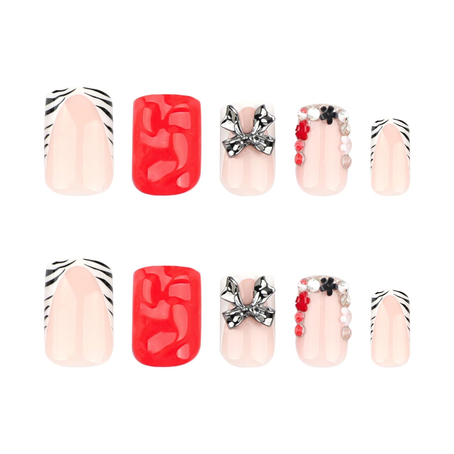 CTTHNBD Short Press on Nails - Square Fake Nails with Silver Bow Charms Design - Zebra Stripes, French Tip False Nials - for Women 24 Pcs