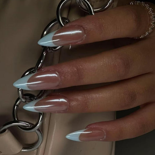 Handmade blue French tip Press on Nails long style Almond Fake Nails with Glue Full Cover Glossy False Nails Stick on Nails for Women Manicure Aurora Powder Decoration 10PCS (MT-136-M)