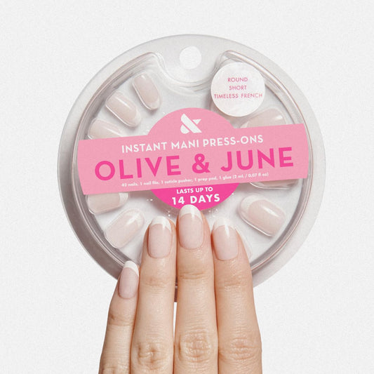 Olive & June Instant Mani Press-On Nails (Glue) | 42 Fake Nails, 21 Sizes | Non-Toxic Long-Lasting Recycled Materials Realistic Look | Salon-Quality at Home | Short, Round | Timeless French