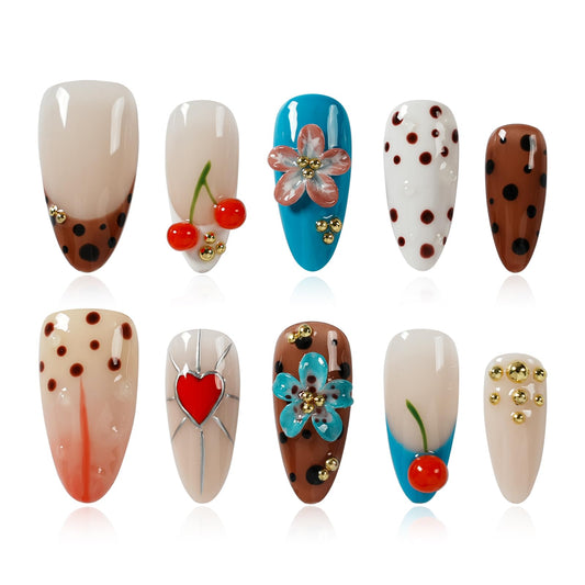 Tesytto 3D Cherry Press on Nails Almond - Handmade Flower & Heart Design, Gold Bead Polka Dot Glossy Reusable False Nails for Summer (Sweet Fun Flower Cherry, L)