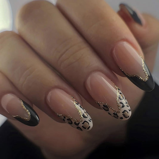 Leopard Print French Press On Nails Almond Medium Fake Nails Press Ons With Gold Glitter Design Pink False Acrylic Nails Glossy Full Cover Glue On Nails For Women Nail Supplies