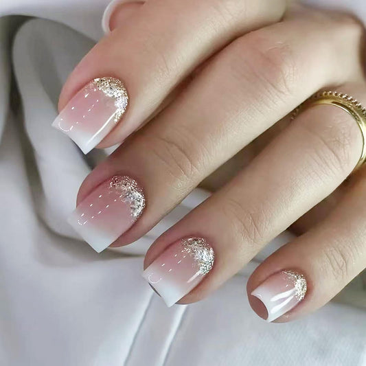 IMSOHOT Press on Nails Short Square Fake Nails Glossy White Nude Gradient Acrylic False Nails Full Cover Stick on Fingernails Glitter Gel Glue on Nails for Women Girls
