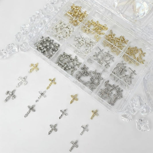 KINGNAME 120 PCS 3D Cross Nail Charms Kit Gold Silver Rhinestone Pearl Jewels with Tweezer for DIY Art Manicure Decoration
