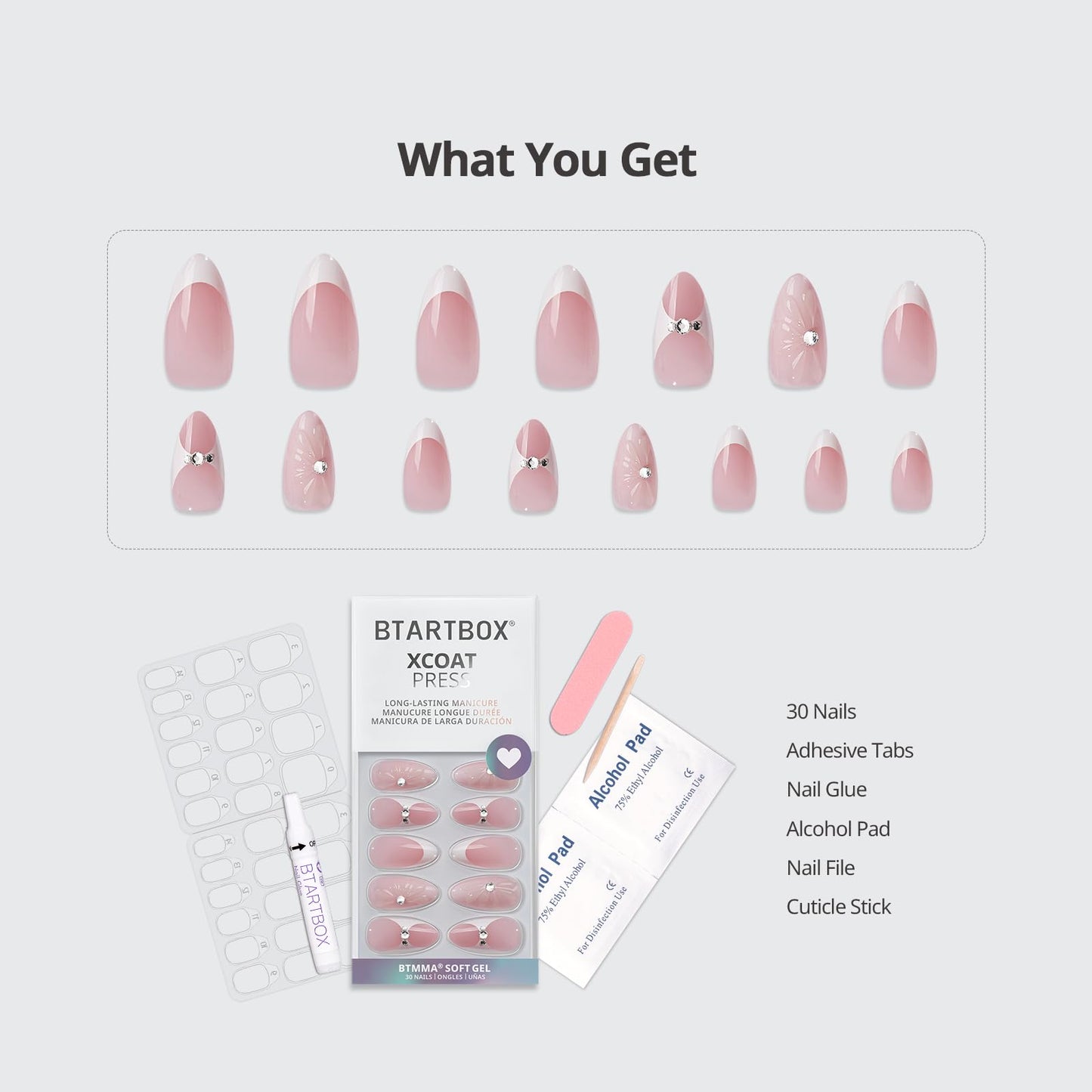 BTArtbox French Tip Press On Nails - Lamp-Curable 3D Medium Almond Press On Nails with Glue for Women, Semi-Transparent Soft Gel Glue On Nails in 15 Sizes - 30 Stick On Nails Kit, Prom Queen