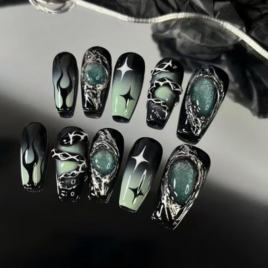 24Pcs Gothic Press on Nails Medium Coffin Fake Nails 3D Y2K False Nail with Star Irregular Silver Designs Black Green Gradient Glue on Nails Silver Metal Nail Tips Full Cover Dark Stick on Nail Set