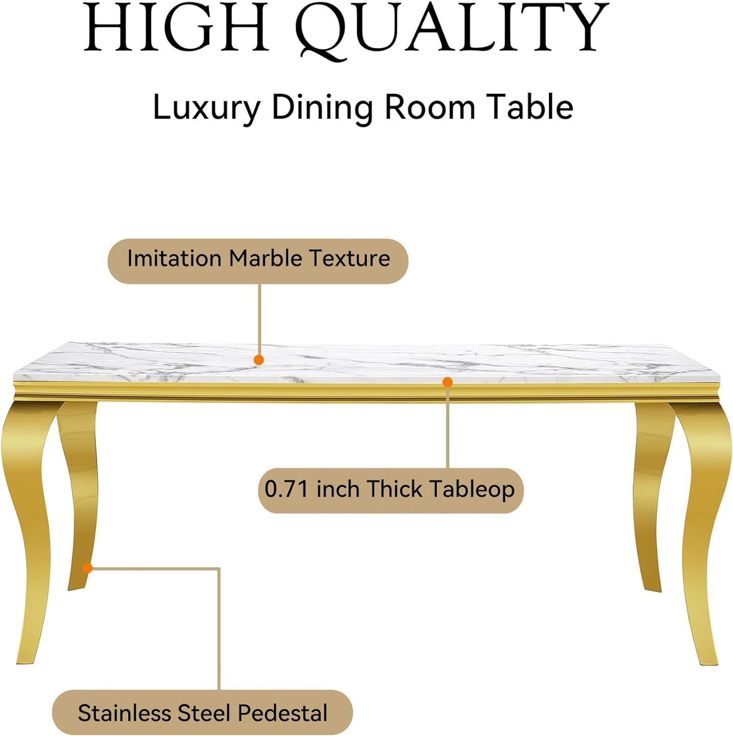 70" Faux Marble Dining Table Set for 6, Modern Marble Dining Room Table with 6 Beige Velvet Dining Chairs Set, Luxurious Kitchen Table with Gold Stainless Steel Pedestal, 7 Piece Dining Table Set