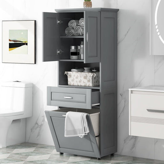 Virubi Tall Laundry Cabinet with Tilt Out Laundry Hamper and Drawer, Modern Wood Bathroom Storage Cabinet with Doors and Adjustable Shelves, Freestanding, Grey