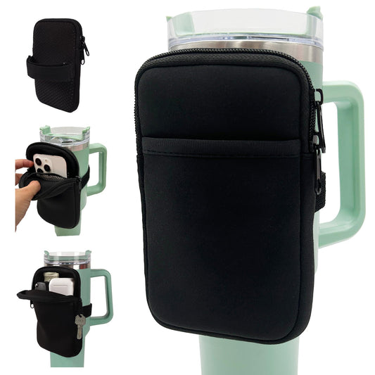 LMYUHONG Water Bottle Pouch for Stanley Cup Accessories 40oz 20oz 30oz, Tumbler Pouch with Versatile Pocket for Cards, Keys, Earphone, Fits Phones, Use for Running, Walking, Hiking & Biking, Black