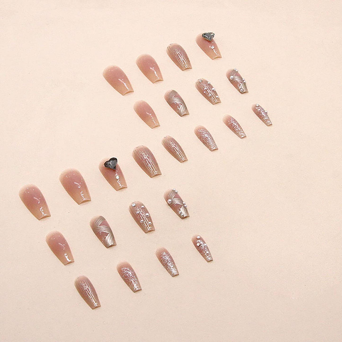 Press on Nails Square Medium Length, Artificial Acrylic Fake Nails with Heart Rhinestone Pearl Designs, 24Pcs Full Cover Reusable Coffin False Nails, Women Glue on Nails, Stick on Nails for Nail Art