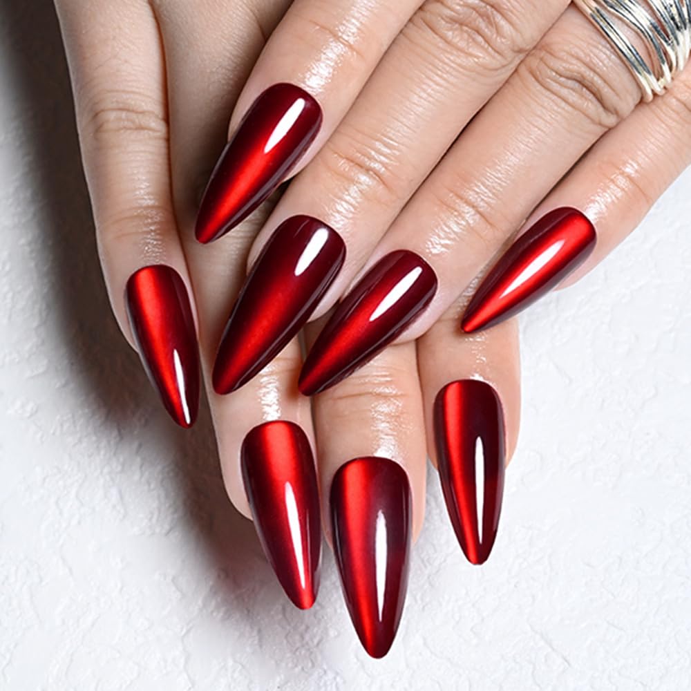 evpct Dark Red Cat Eye Press on Nails Almond Long No Glue, Soft Stick on Nail Almond for Women, Holographic Red Glossy Soft Perfectly Fit Reusable Long Press on Acrylic Fake Nail with Cat Eye Designs