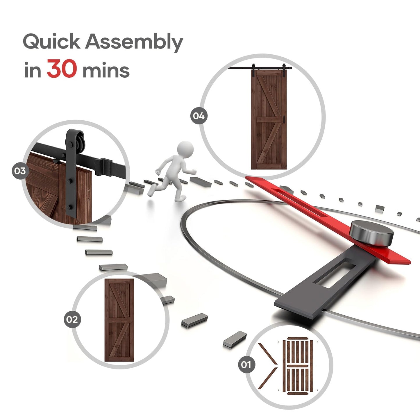 ROYMELO 32x84 inch Sliding Barn Wood Door Slab with 5.5ft Hardware Kit and Handle, Coffee, K Shape, Simple DIY Assembly