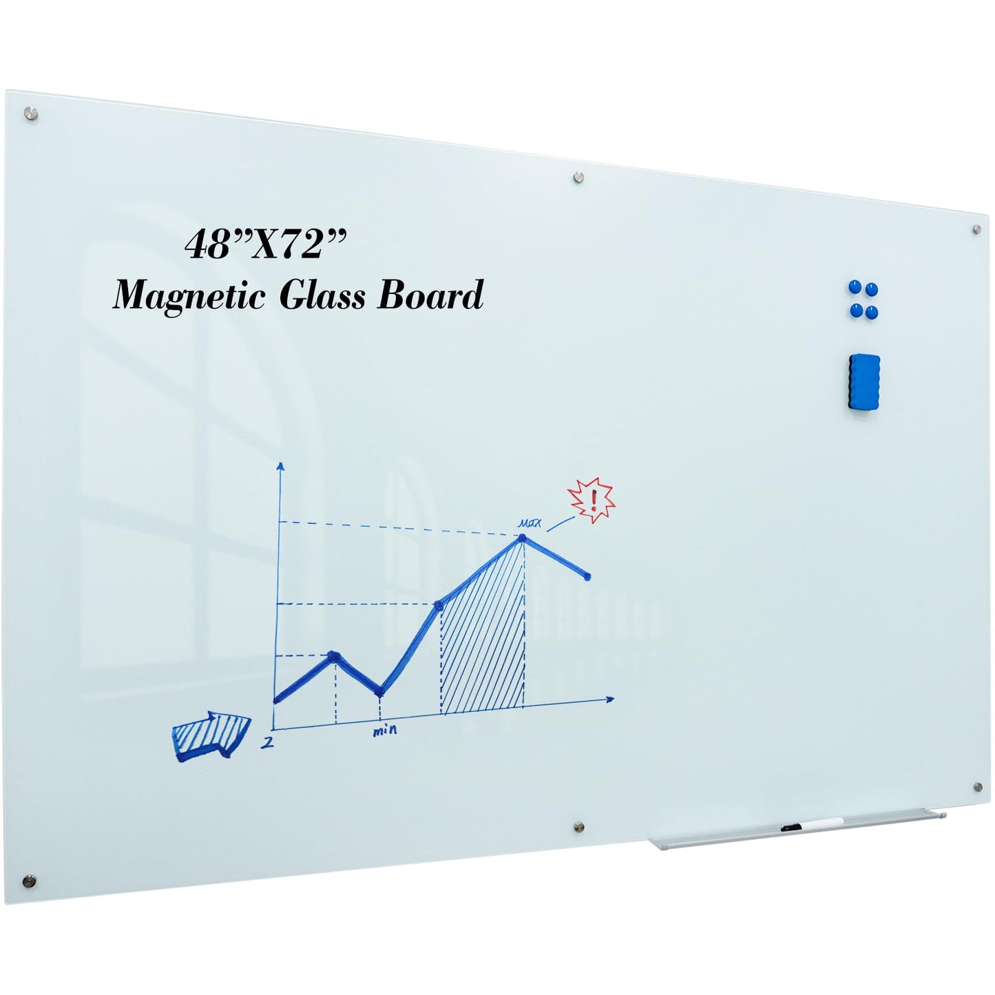 JYYPWB Magnetic Large Glass Board 72"x 48" Dry Erase Writing Board Premium Tempered Glassboard Frameless Message Board with Full Accessories Wall Mounted White Board
