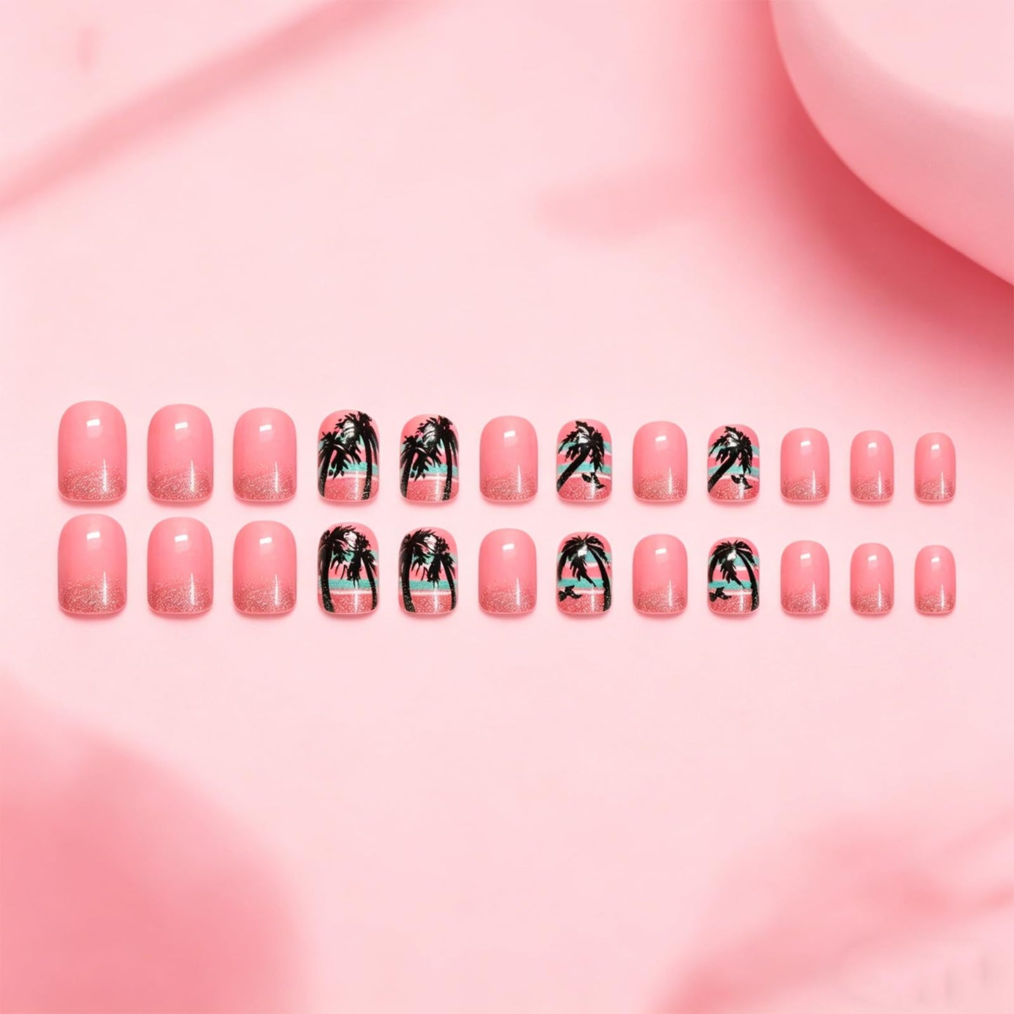 Coconut Tree Press on Nails with Gold Glitter Design Glossy Pink Fake Nail Short Square False Nails Summer Stick on Nail for Women Daily Wear Ocean Glue on Artificial Fingernails