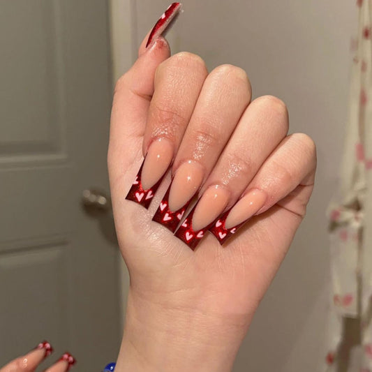 Vezocim Red French Tips Press on Nails Coffin Long 24Pcs Valentine's Day Glossy Full Cover Acrylic Square Fake Nails with Heart Designs Extra Long Coffin False Nails Glue on Fingernails for Women