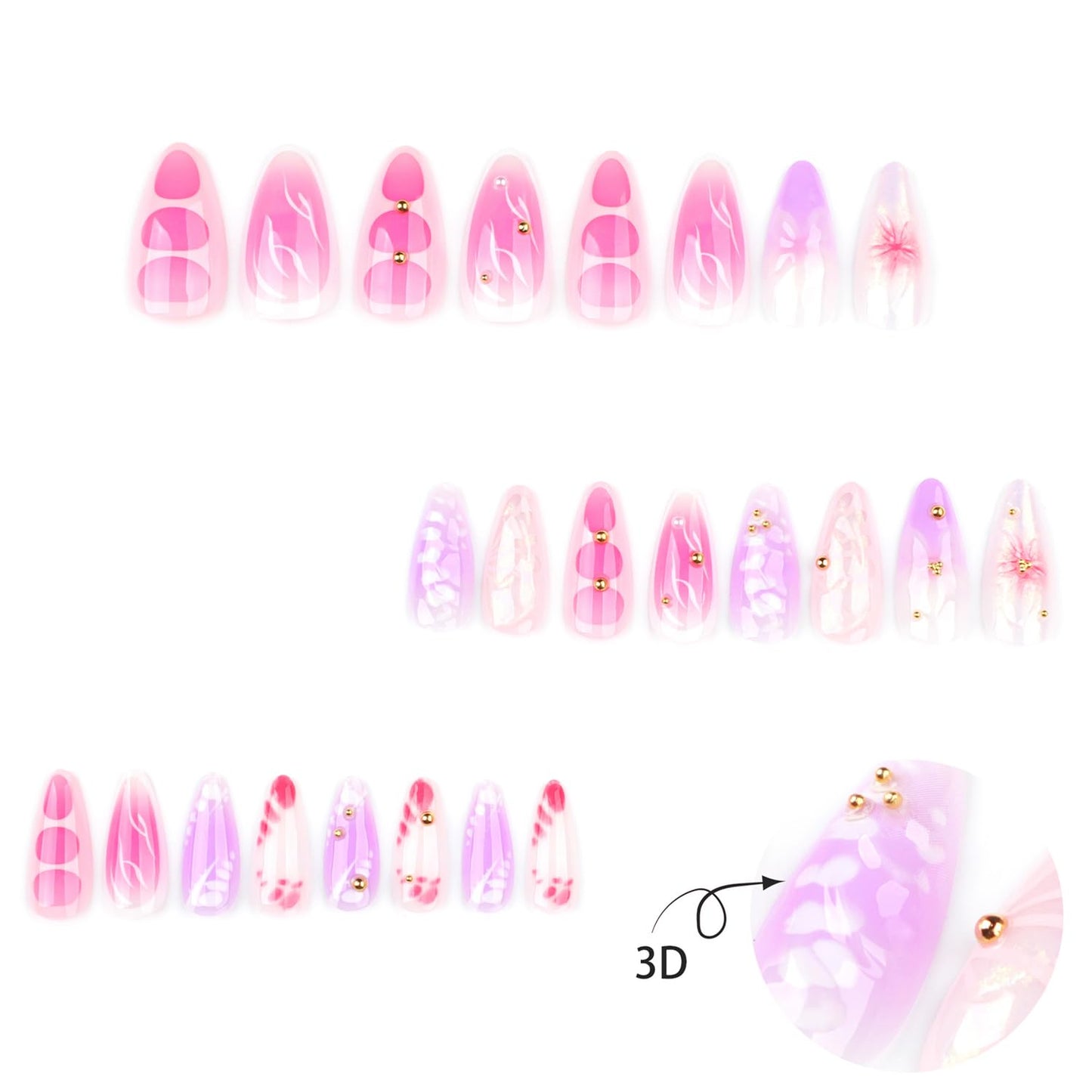 24Pcs Pink Press on Nails Medium Almond Fake Nails Glossy Glitter 3D Gold Steel Balls Design Full Cover Acrylic False Nail Flower Butterfly Pink Gradient Nail Art Almond Nail Stick on for Women