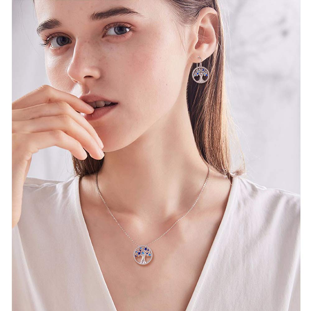 Tree of Life Jewelry Necklace Earrings Set Women March Birthstone Birthday Gifts Wife Mom Aquamarine Sapphire Sterling Silver