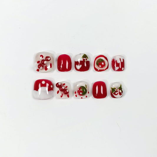 TENPAL Handmade Press on Nails for 3-12 Year Olds Girls,Resuable Gel Fake Nails with Tools for Children,Cute Nails with Lovely Strawberry Designs,Short Nails for Girls Kids Nail Art 10pcs Size(M)