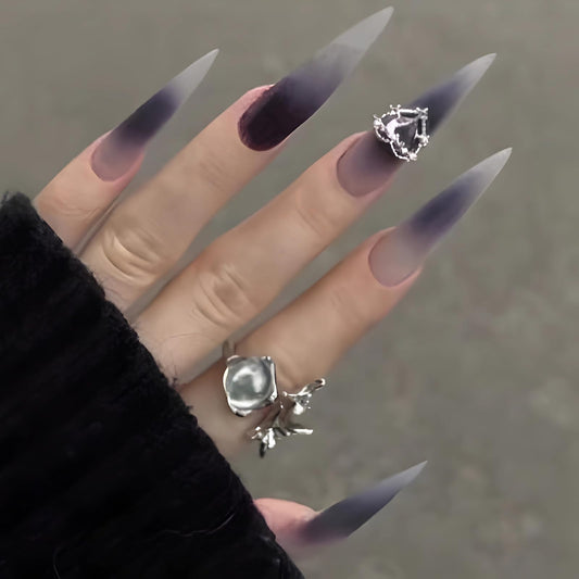 MISUD Press on Nails - Long Stiletto Glue on Nails with Goth Purple Black, Acrylic Rhinestone Design 24 pcs