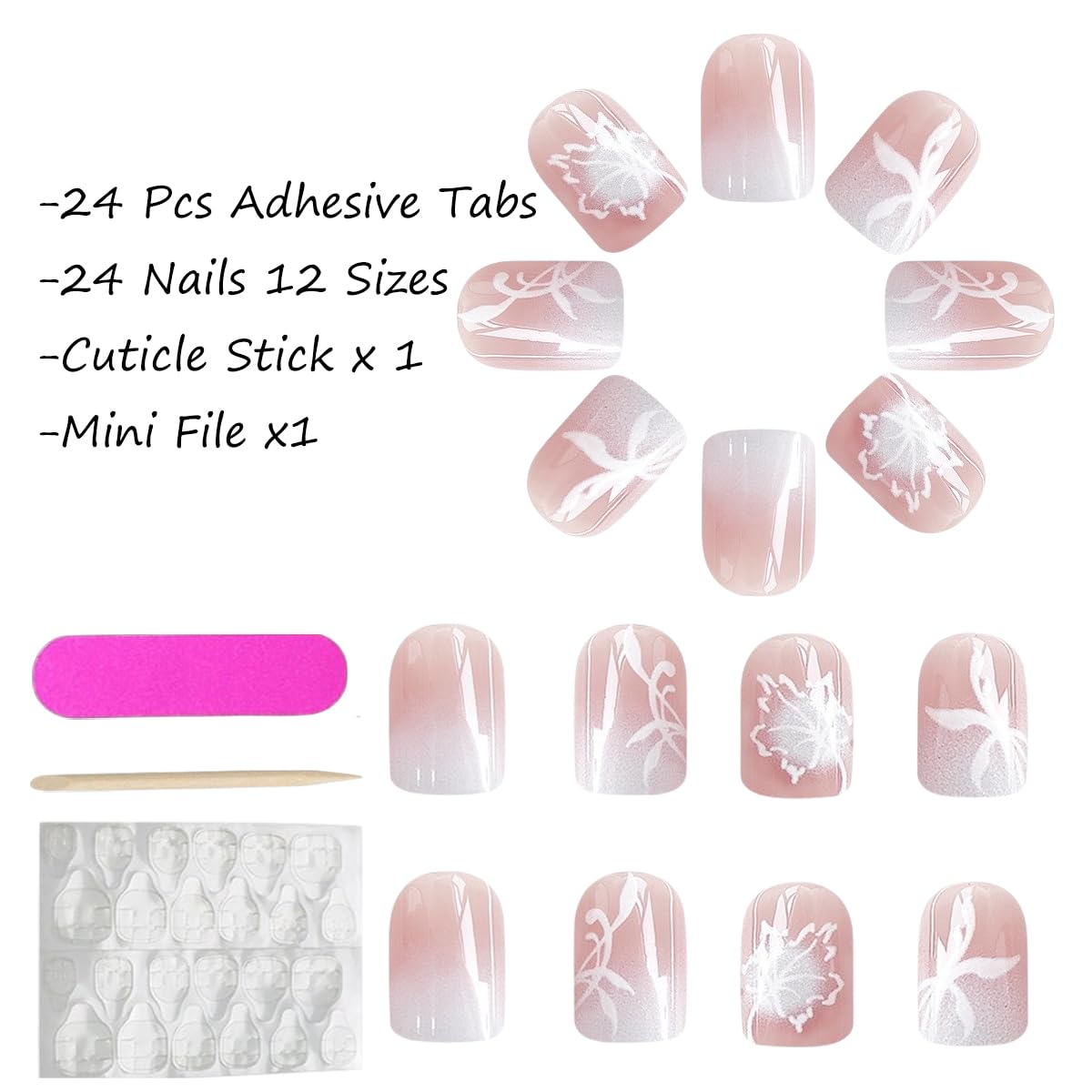 KTAABTR Gradient Press on Nails Short Square Fake Nails with Glue White Glossy Acrylic Nails Design White Maple Leaf False Nails Stick on Nails for Woman Girls