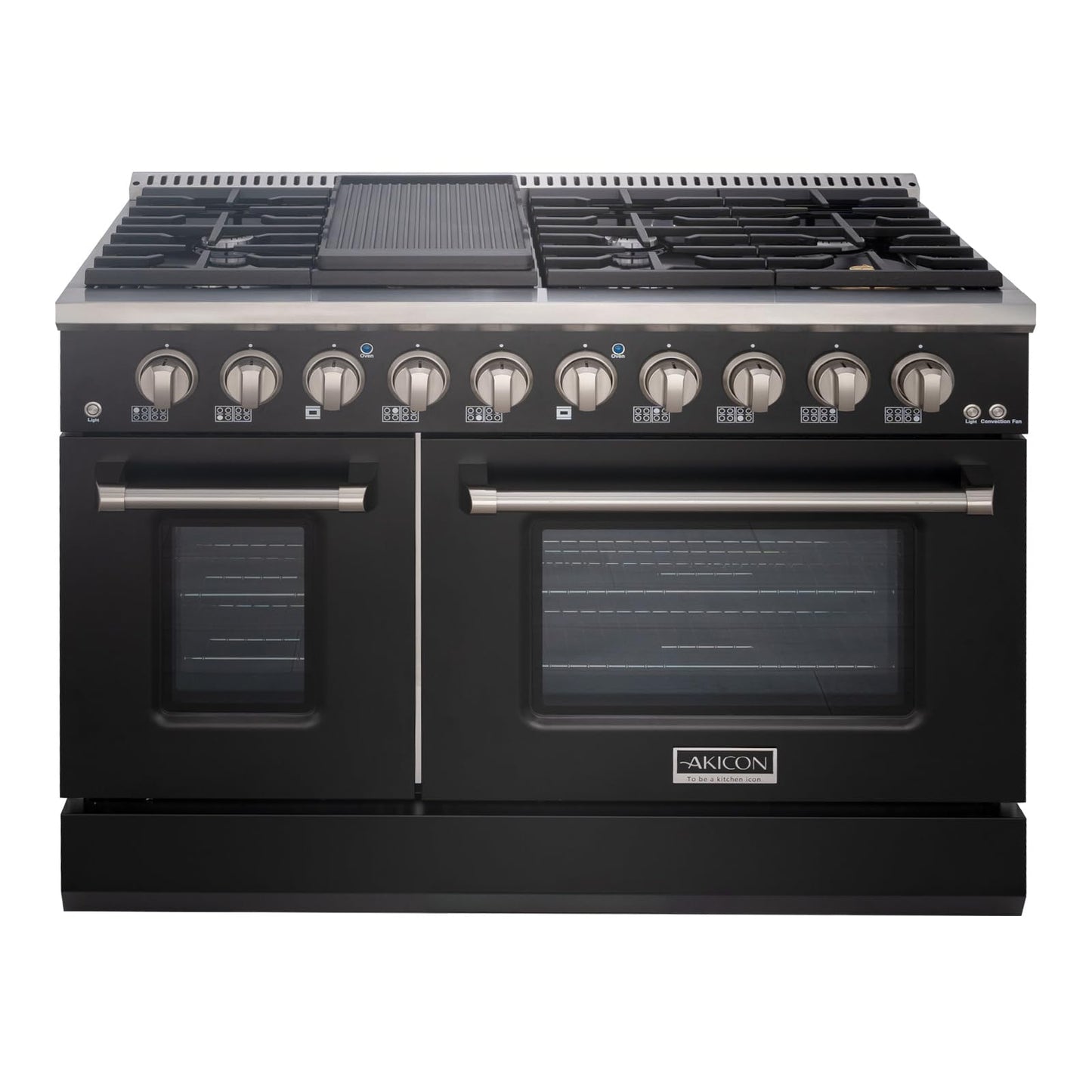 Akicon 48 Inch Freestanding Gas Range - 6.7 cu. ft. Double Rapid Convection Oven - Gas Stove with 8 Sealed Burners & a Griddle, Heavy Duty Cast Iron Grates (Black & Stainless Steel)