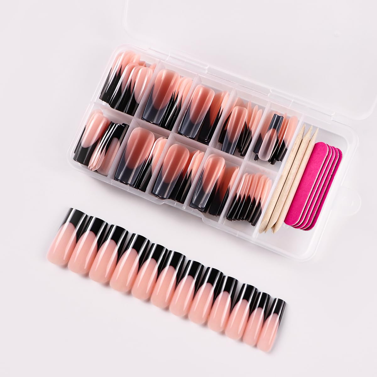 120 Pcs French Tip Press on Nails Long Square Fake Nails Black French Nail Press ons Full Cover Nude False Nails Artificial Acrylic Glue on Nails for Women Girls Finger Nail Manicure Kit