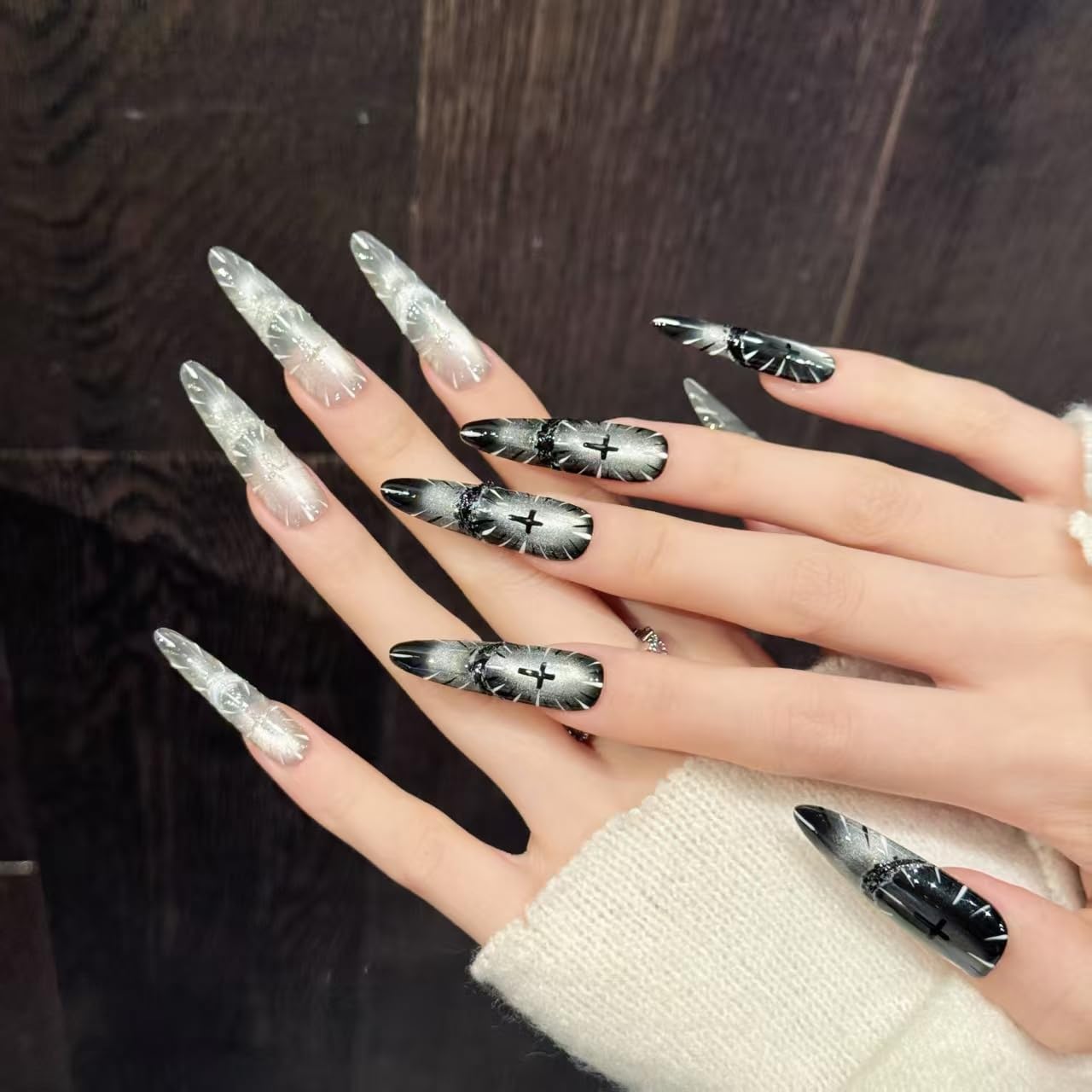 Gothic Fake Nails Set | Stiletto Almond Fake Nails with Silver Crackle & Black Gradient | Long Press on Nails for Women | Dark Aesthetic Nail Art (S)