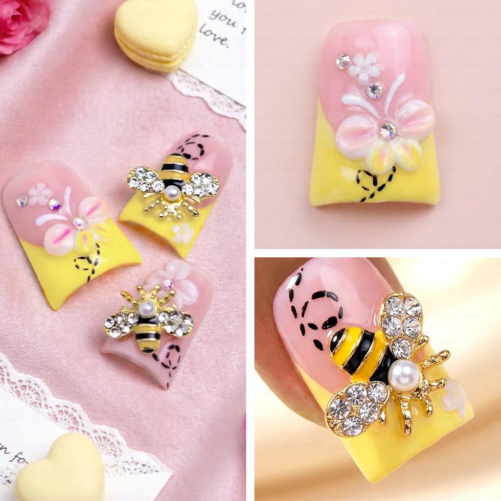 IntoVibes Handmade Short Duck Press On Nails, Precious Bee, 10 Pieces Reusable Acrylic False Nails, Size Medium