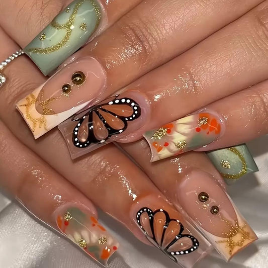 CTTHNBD Press on Nails Medium - Square Fake Nails with Butterfly, Gold Stripes Design - Rhinestone, Stick on False Nails for Women 24 Pcs