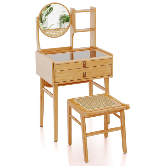 CHEFJOY Boho Vanity Desk with Mirror, Bamboo Makeup Vanity Table & Stool Set w/ 2 Storage Drawers, Hutch Shelves & Tempered Glass Table Top, Small Dressing Table Set for Bedroom