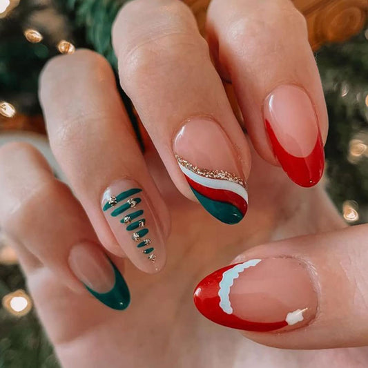 Christmas Red Press on Nails Medium Almond Artificial Acrylic False Nails Christmas Hat French Fake Nail Colorful Stripe Design Xmas Stick on Nail Winter Full Cover Artificial Fingernails for Women