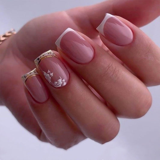 White French Tip Press on Nails Short Square Fake Nails with Flower Designs Summer Floral Glue on Nail Reusable Artificial Extra Short Acrylic Full Cover Stick on False Nail for Wedding Women 24 Pcs