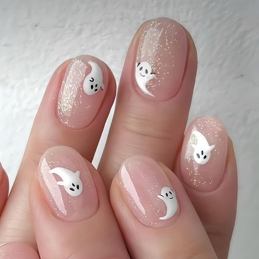 24Pcs Halloween Press on Nail Short Square Fake Nails Ghost Glue on Nails with designs Acrylic Stick on Nail Full Cover Glitter False Nails Cute Press ones for Women Kids Halloween Party Gift