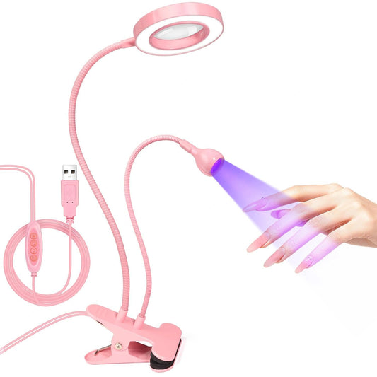 AORAEM LED UV Nail Lamp: Double-Headed Gooseneck Lamp for Gel Nails, LED Flash Cure Light with 6X Magnifier Home DIY Salon, Pink