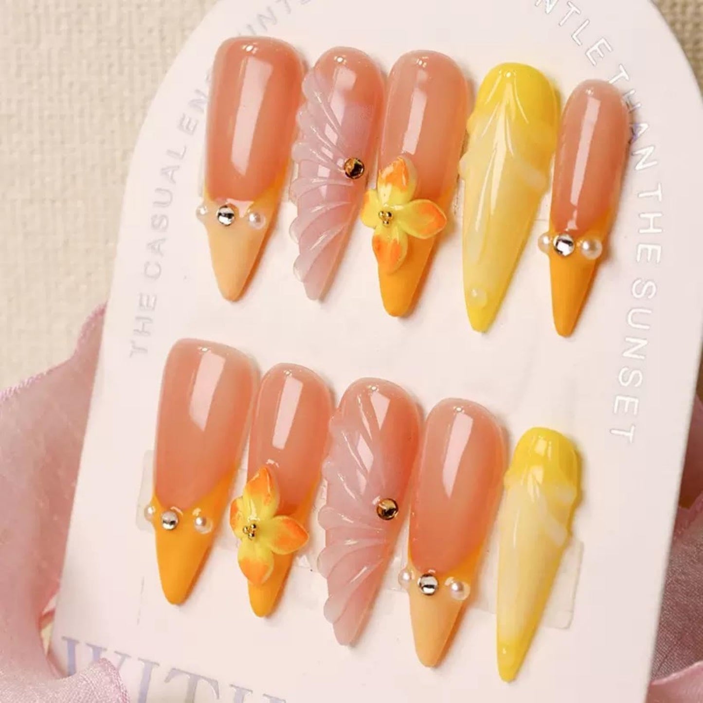 100% 5D Handmade Press on Nails with Charms Long Stiletto Nails Press ons- French Tips False Nails Ombre Orange Yellow Press on Nails Summer Fake Nails for Women Girls Daily Wear DIY Manicure Size S