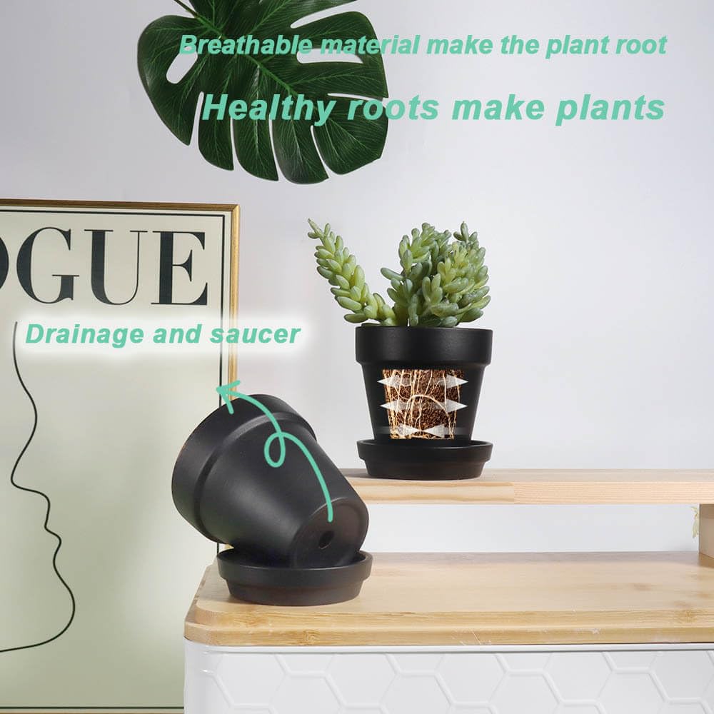 vensovo 3 inch Black Terracotta Clay Pots for Plants with Saucer - 12 Pack Small Terra Cotta Planter Great for Garden Windowsill Indoor & Outdoor Wedding Favors Gifts
