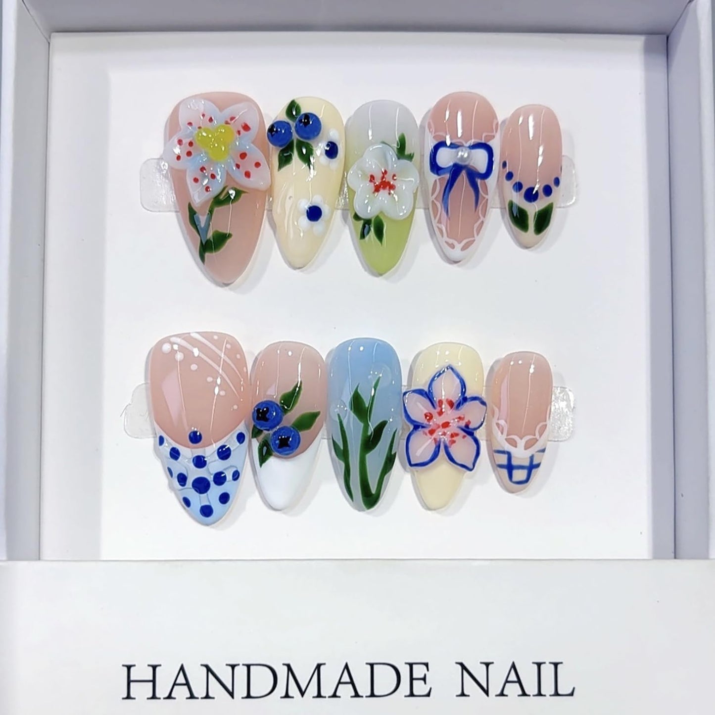 Spring Almond Handmade Nails with Flower Polka Dot Design French Press on Nails Reusable Artificial Acrylic Fake Nail for Women Girls Full Cover Stick on Nail Stick on Nail 10 Pcs （S）