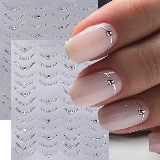 French Line Nail Art Stickers,Gold Silver Line Diamond Nail Stickers 5D Self-Adhesive Nail Decals 2Pcs Nail Art Supplies Gold Silvery Lines Stripe Deisgns for Women Nails Decor