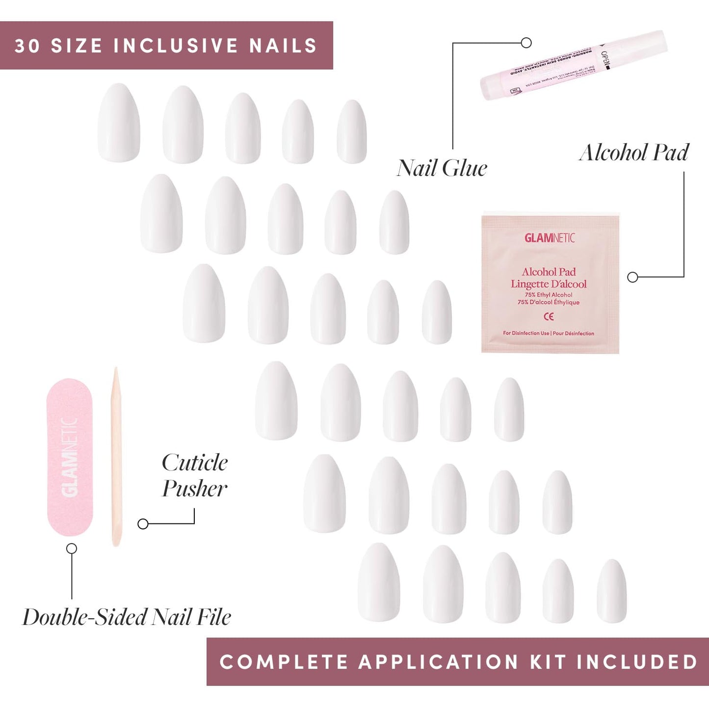 Glamnetic Press-On Nails Bundle - 'Til Death, Angel & Caviar | Ombre 3D Lace Fake Nails | Opaque White Nails | Short Almond Black French Tip False Nails