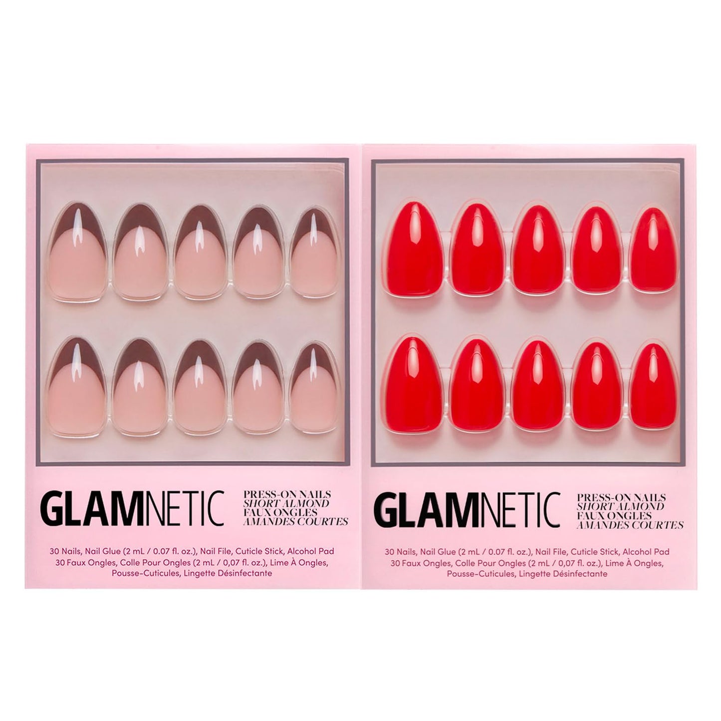 Glamnetic Press-On Nails Bundle - Chocolat & Fiery Red | Semi-Transparent Dark Brown French Tip Short Almond False Nails | Bright Red Short Almond Fake Nails | Reusable, Salon-Quality Nail Kits
