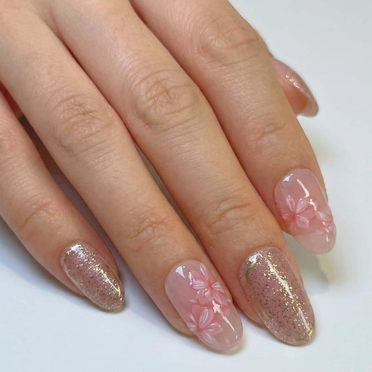 Summer Style Press on Nails Medium Almond Fake Nails Pink with Flower Designs Full Cover Glue on Nails Reusable Artificial Stick on Nails for Women 24 Pcs