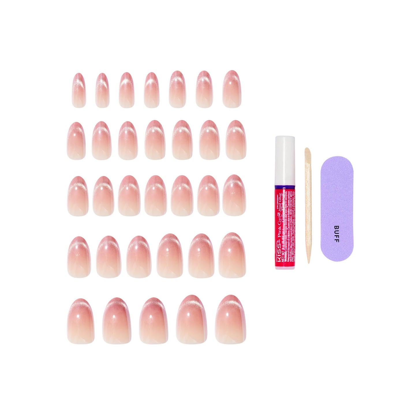 Kiss Glam, Press On Nails, Nail glue included, 'Stardust Wonder', Pink, Medium Size, Almond Shape, Includes 32 Nails, 2g Glue, 1 Manicure Stick, 1 Mini File