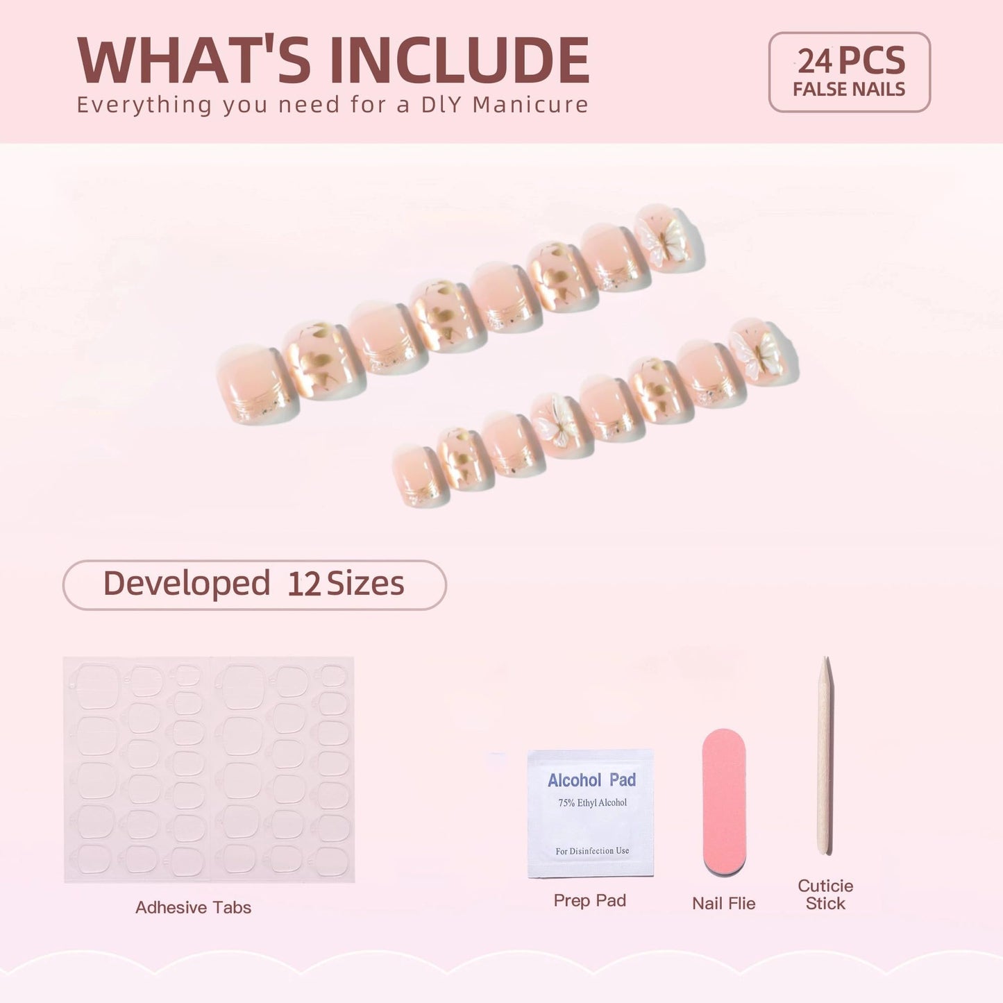 Short Square Press on Nails Gold Fake Nails Butterfly False Nails with Design Glossy Short Nail Press ons Full Cover Acrylic Nails for Women 24Pcs