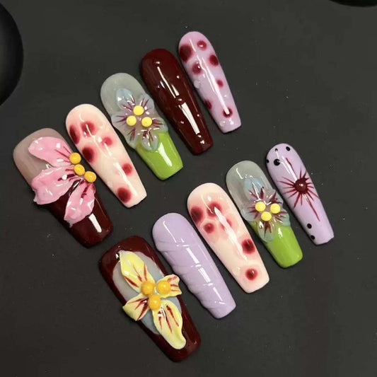 10 Pcs Coffin Press On Nails Handmade Fake Nails 5D Flower Charms With Design Long False Nails Full Cover Acrylic Nail Artificial Reusable Stick On Nail For Women (SIZE:S)