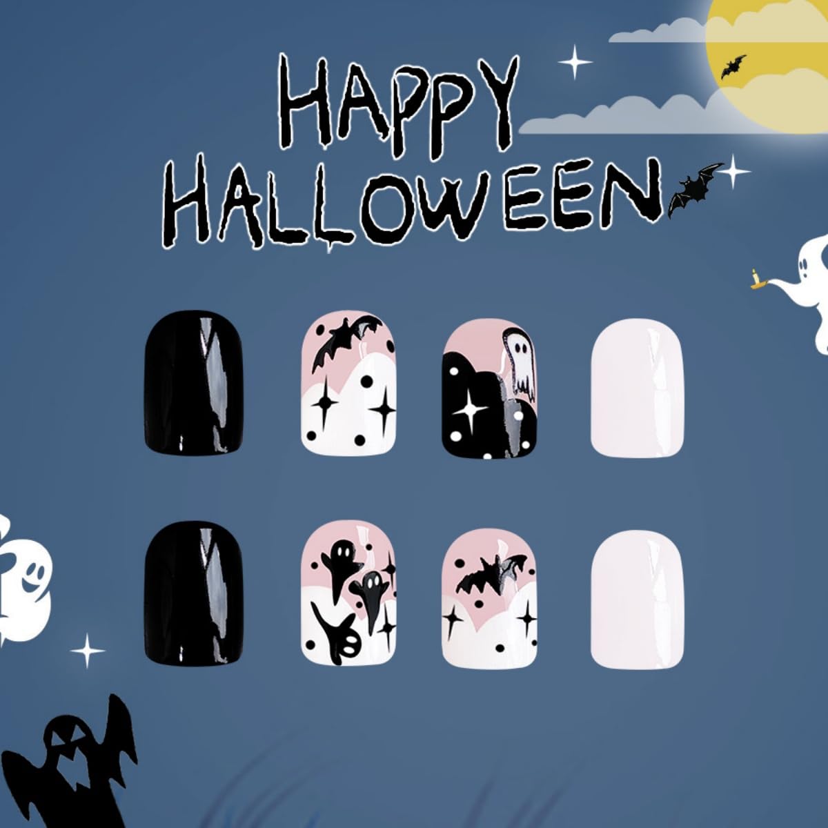 Halloween Press on Nails Short Square Fake Nails Ghost Bat False Nails White Black Design Stick on Nails Artificial Handmade Full Cover Acrylic Glue on Nail for Women Nail Art Decoration 24Pcs