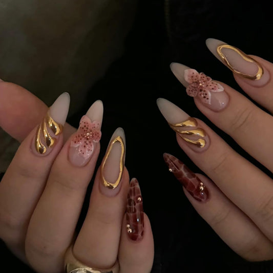plalely Long Press on Nails Almond, Acrylic Press on Nails with Flower Designs, Long Almond Nail Tips for Women 24pcs