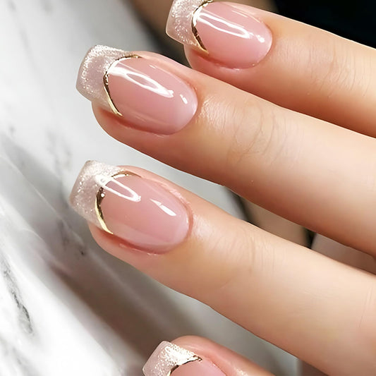 French Tips Press on Nails 24Pcs Glossy Gold Curve Line Short Square False Nails Cat Eye Acrylic Fake Nail Sparkly Polish Stick on Fingernails Polish Gel Glue on Nail for Coquette Women Girls